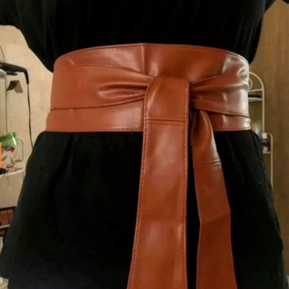 Plus size brown faux leather corset wide waist boho cinch obi belt - Picture 2 of 11
